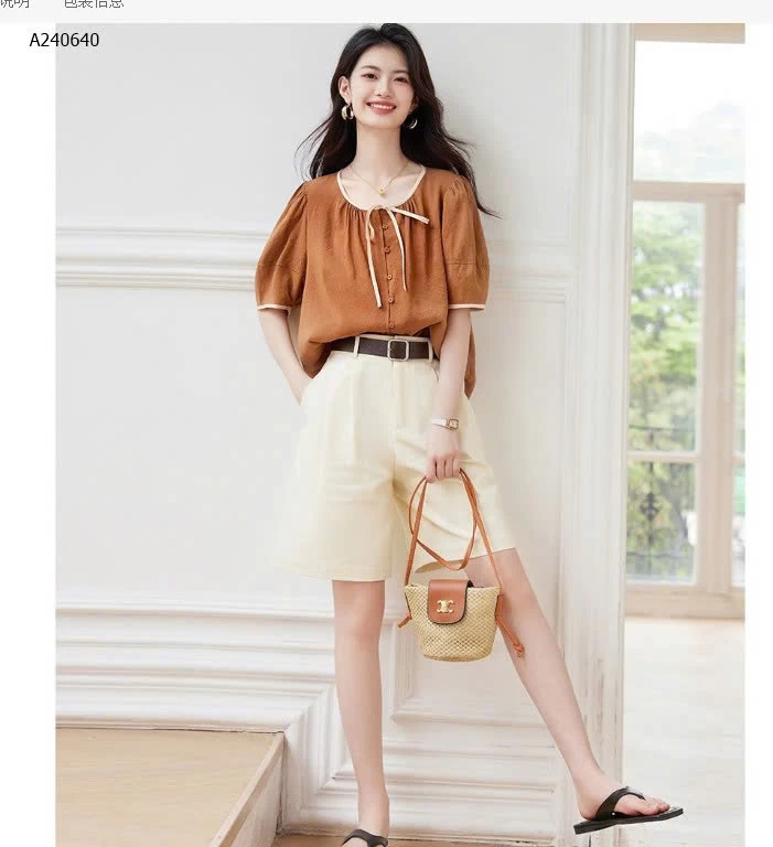 ÁO SƠ MI CỔ TRÒN  PHỐI NƠ NỮ - sỉ 119k