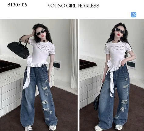 ÁO CỘC TAY VIỀN BÈO PHỐI QUẦN JEAN SUÔNG RÁCH-Sỉ giá Áo: 120k  Quần: 185k 