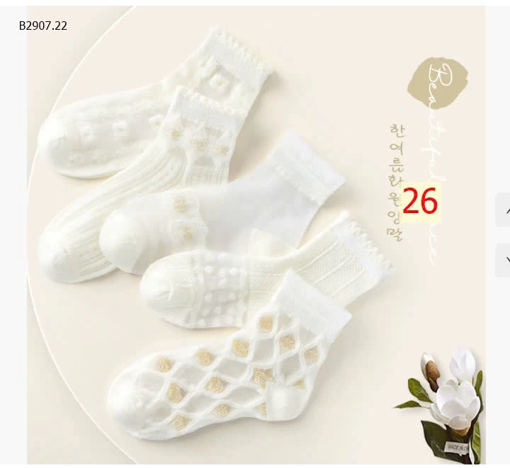 Tất trẻ em mỏng kiểu chữ A ống giữa ren cotton-Sỉ giá 54k/set 5 đôi tất