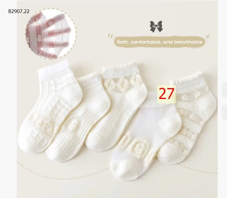 Tất trẻ em mỏng kiểu chữ A ống giữa ren cotton-Sỉ giá 54k/set 5 đôi tất