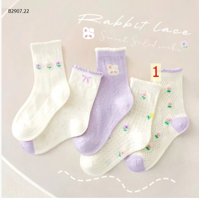 Tất trẻ em mỏng kiểu chữ A ống giữa ren cotton-Sỉ giá 54k/set 5 đôi tất