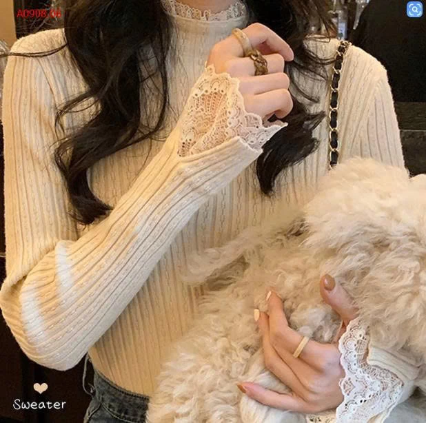 ÁO LEN CỔ VÀ TAY REN HOA-Sỉ 100K