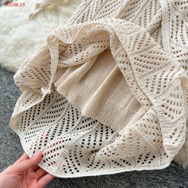 áo dệt kim cổ tròn khoét lỗ không tay + chân váy buộc eo-Giá sỉ 235k