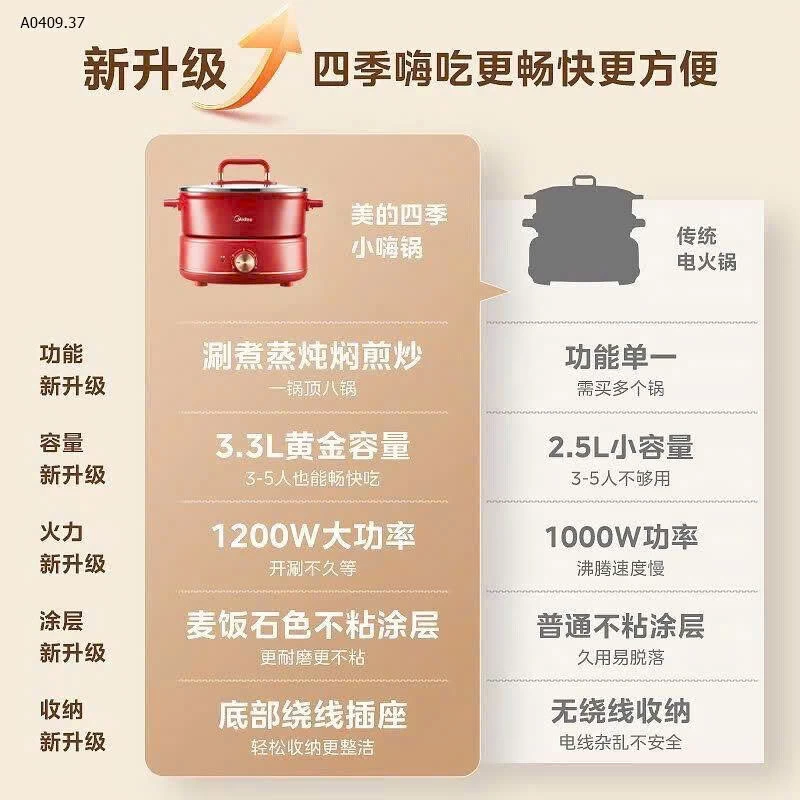 Nồi lẩu Midea màu đỏ tách rời + khay hấp inox- sỉ 540k