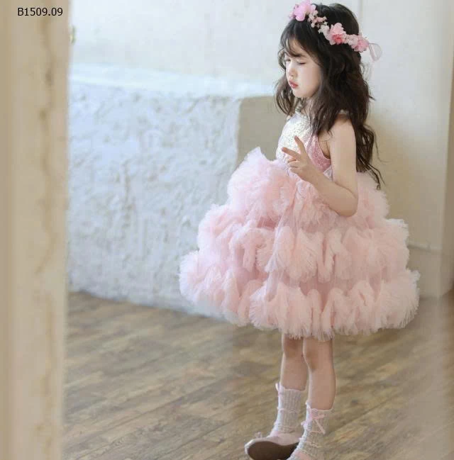 Váy công chúa cổ yếm màu hồng cho bé gái-Giá sỉ 358k