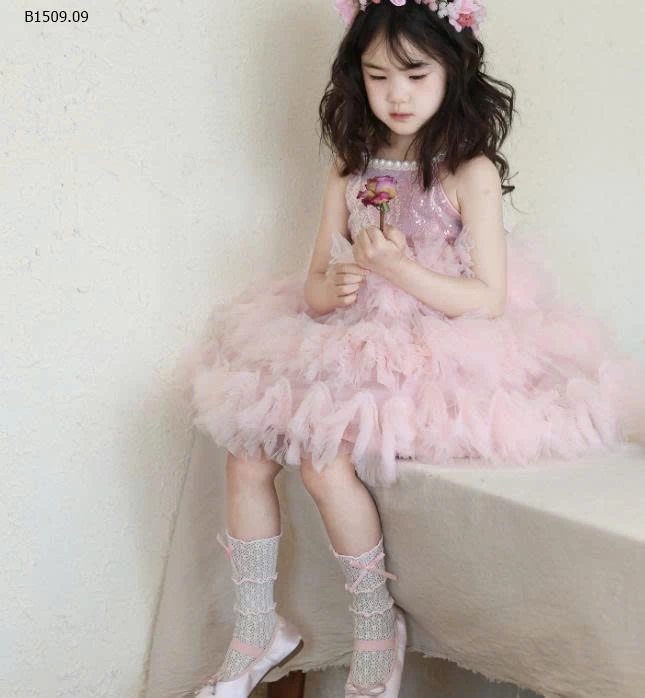 Váy công chúa cổ yếm màu hồng cho bé gái-Giá sỉ 358k