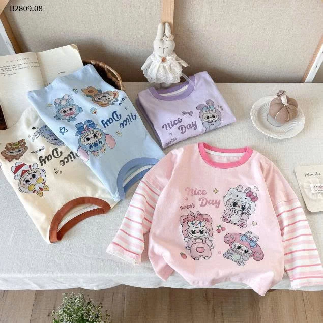 ÁO THUN GIẢ 2 LỚP TAY KẺ LABUBU-Giá sỉ 88k