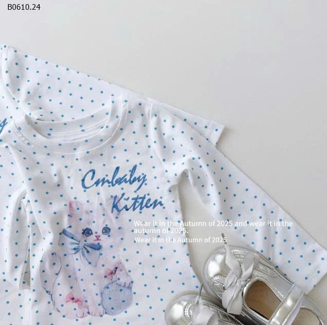 ÁO DÀI TAY CHẤM BI HÌNH MÈO BG-Giá sỉ 128k