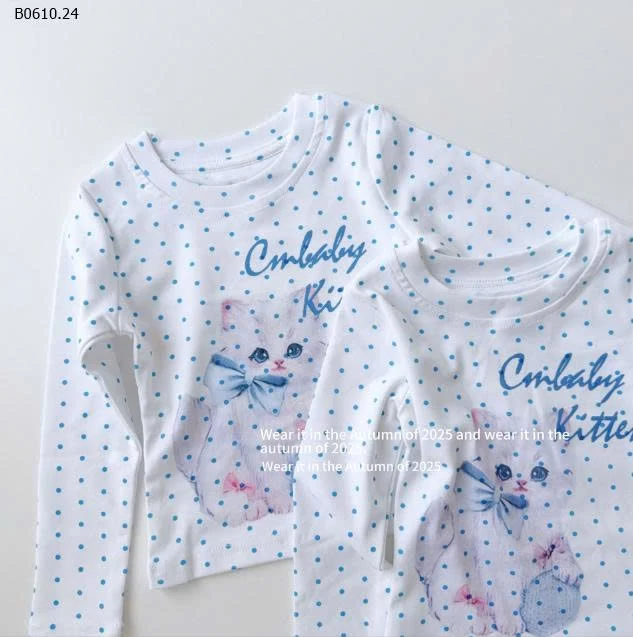 ÁO DÀI TAY CHẤM BI HÌNH MÈO BG-Giá sỉ 128k