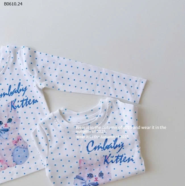 ÁO DÀI TAY CHẤM BI HÌNH MÈO BG-Giá sỉ 128k