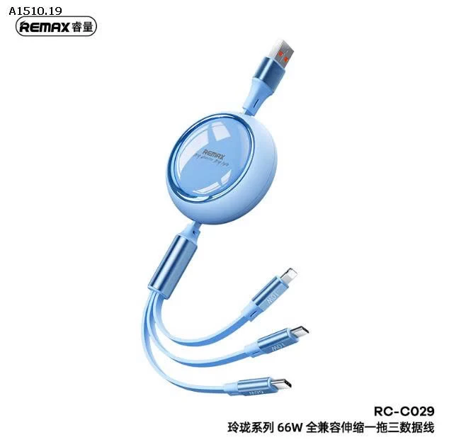 Cáp sạc nhanh dây rút 3 đầu Chính hãng REMAX RC-C033 - sỉ 115k