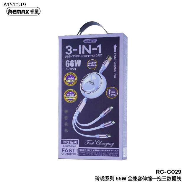 Cáp sạc nhanh dây rút 3 đầu Chính hãng REMAX RC-C033 - sỉ 115k