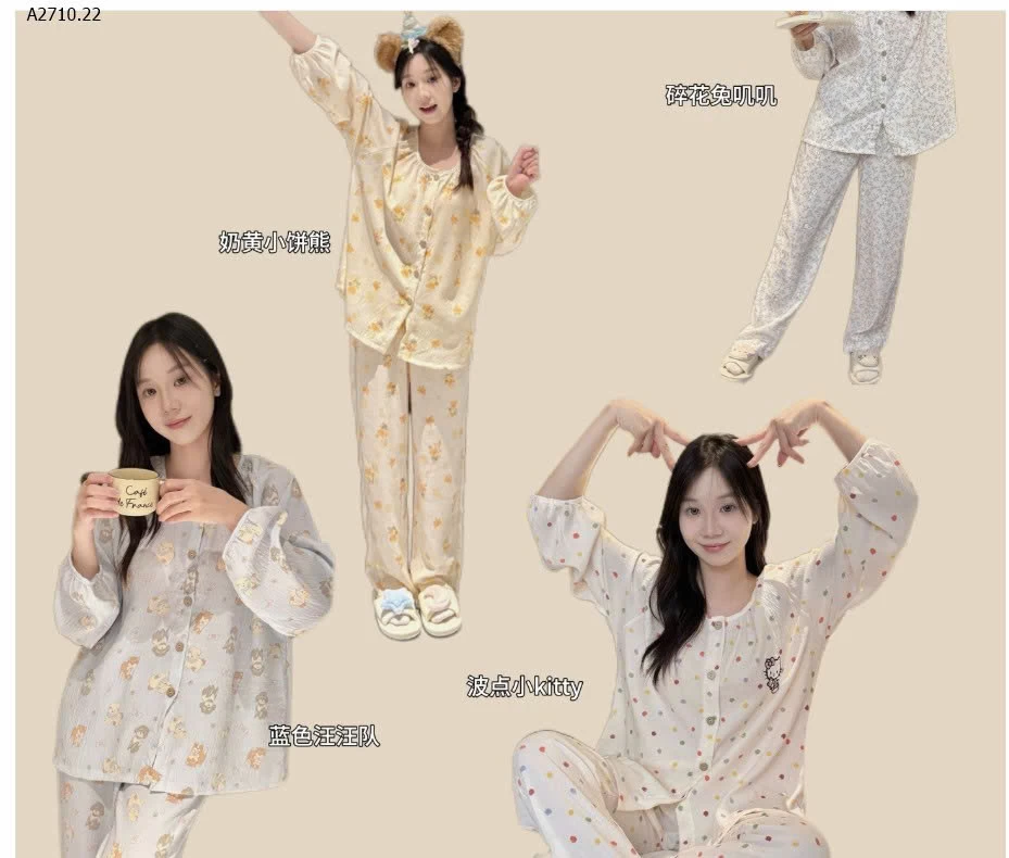   BỘ NGỦ COTTON NHĂN HỌA TIẾT DÀI TAY CHO NỮ - sỉ 168k