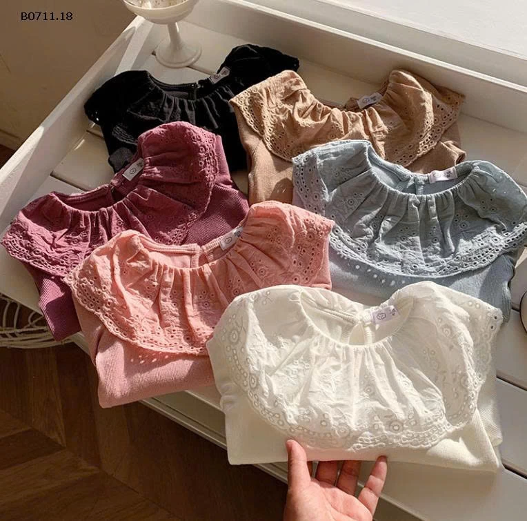 Áo thun cổ nhún ren dài tay công chúa cho bé gái- sỉ 113k