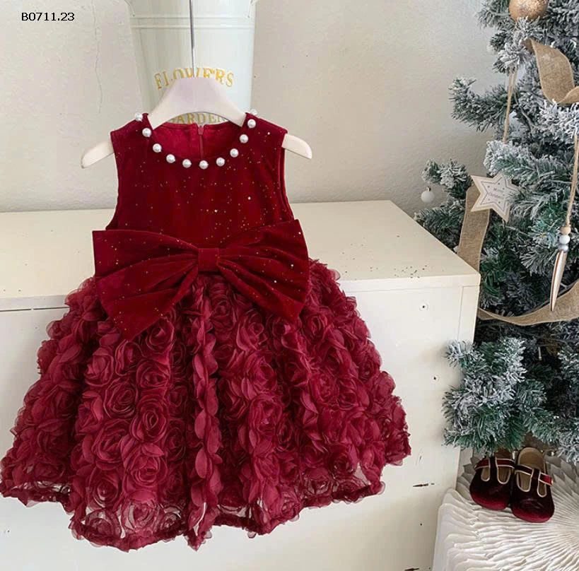 VÁY NHUNG ĐỎ HOA HỒNG 3D-Giá sỉ 298k