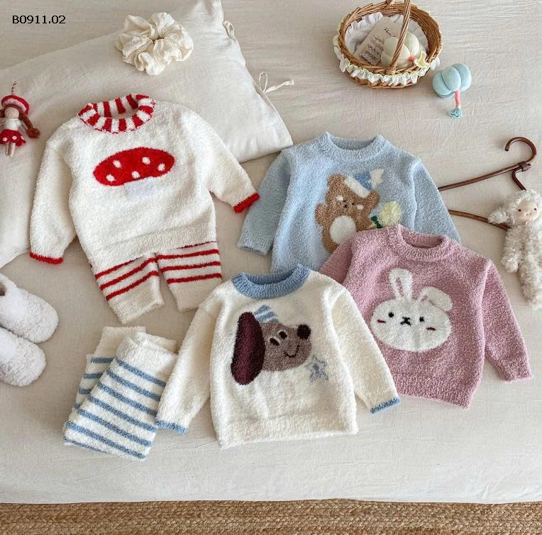 Bộ đồ lông cừu họa tiết hoạt hình Dianxi  cho bé-sỉ 225k