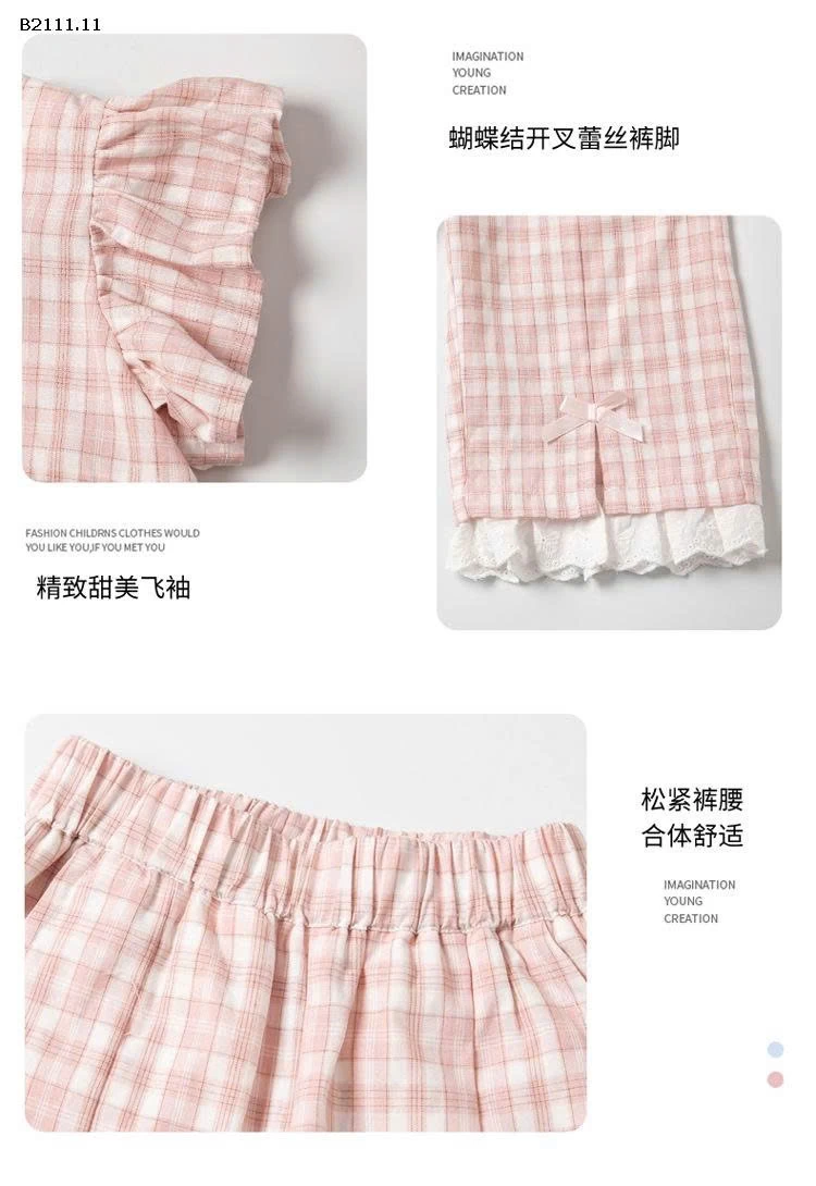 Bộ đồ họa tiết kẻ caro tay bồng cho bé gái-sỉ 224k