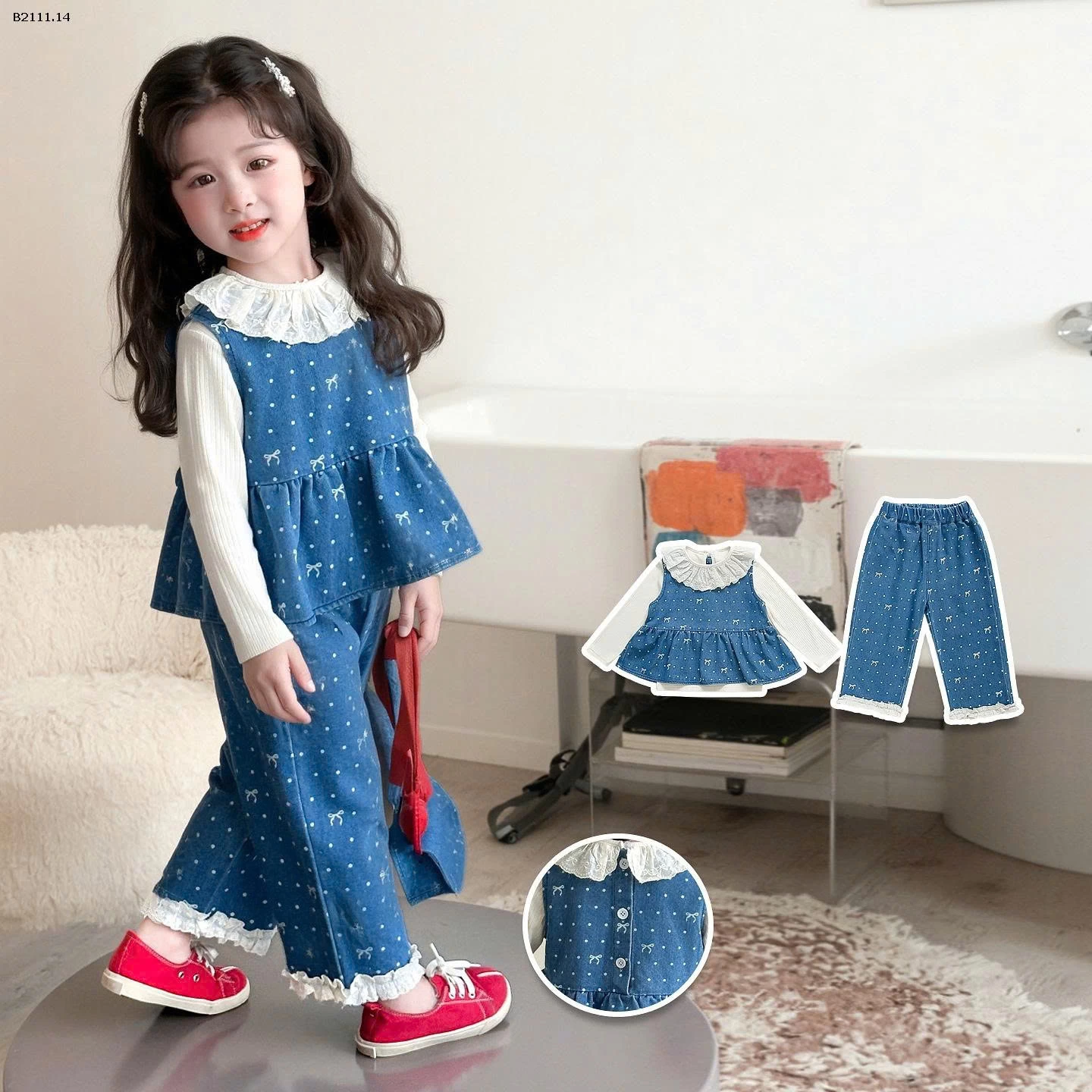 Bộ đồ ba chi tiết denim in nơ toàn thân cho bé gái-sỉ 315k