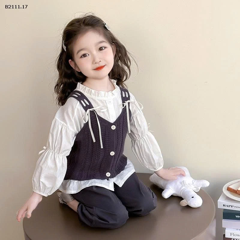 Bộ đồ ba chi tiết denim đính nơ  cho bé gái-sỉ 302k