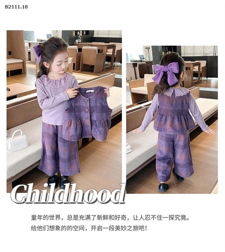Bộ áo quần ống loe kẻ caro 3 chi tiết cho bé gái-sỉ 296k
