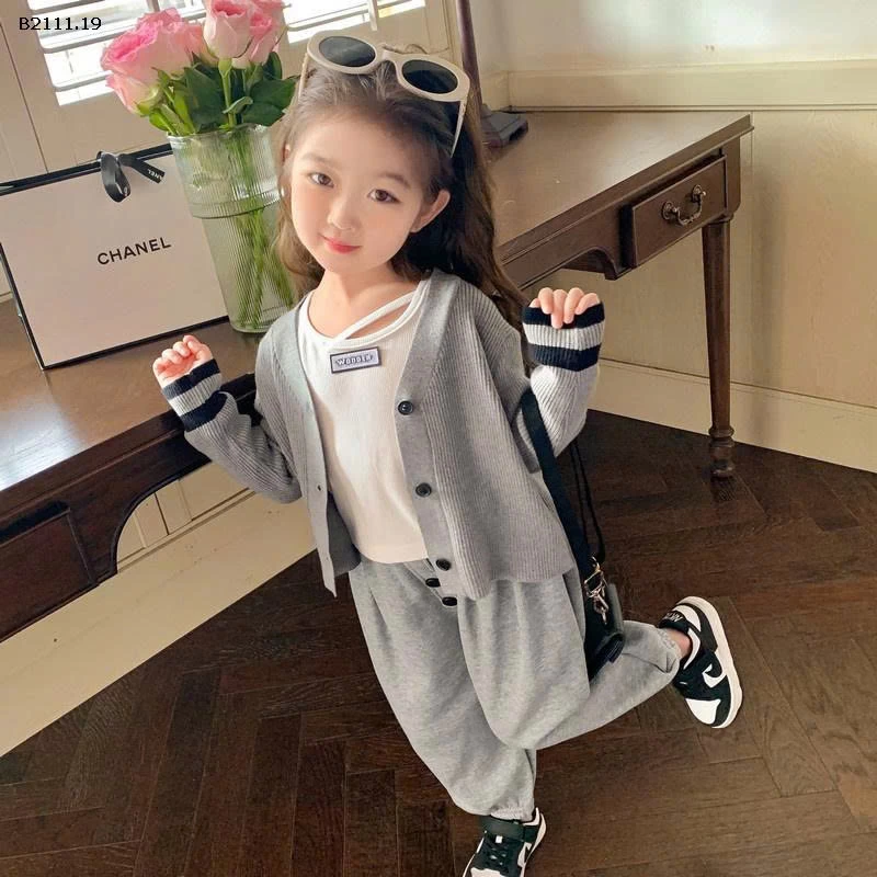 Bộ đồ ba chi tiết áo len cardigan cho bé gái-sỉ 317k