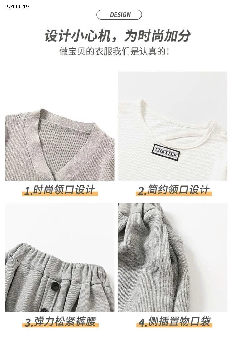 Bộ đồ ba chi tiết áo len cardigan cho bé gái-sỉ 317k