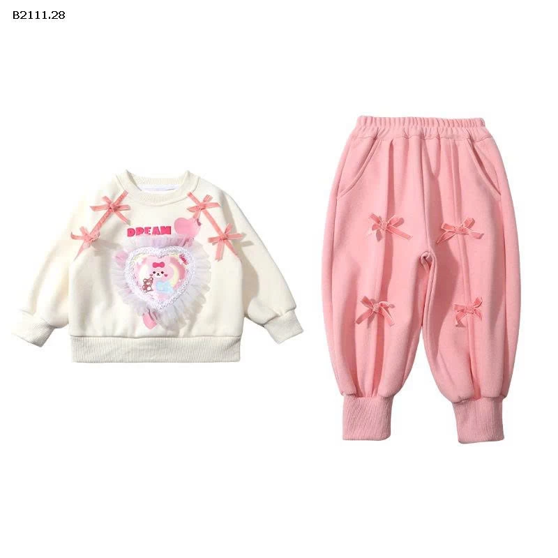 Bộ quần áo nỉ  hình gấu hình trái tim cho bé gái 2025-sỉ 245k