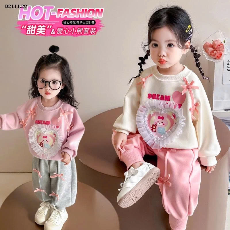 Bộ quần áo nỉ  hình gấu hình trái tim cho bé gái 2025-sỉ 245k