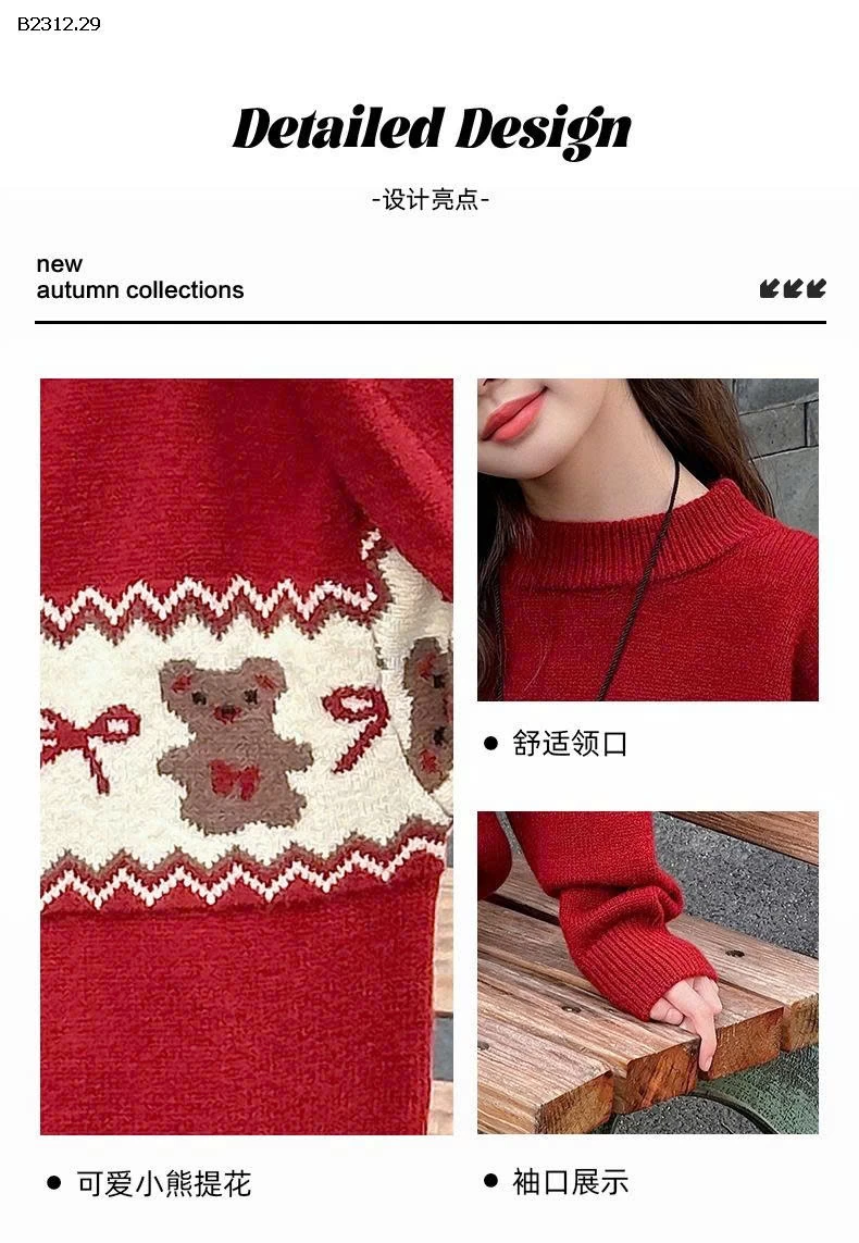 Áo len đỏ dệt kim cho bé gái, kiểu dáng mới Thu/Đông 2025-Giá sỉ  loại thường : 250k lót lông : 290k