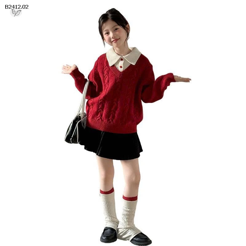 ÁO LEN ĐỎ PHỐI CỔ SƠ MI-Giá sỉ 258k