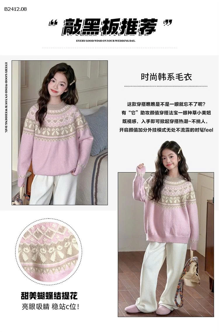Áo len thắt nơ xinh xắn cho bé gái, cổ tròn- Giá sỉ 290k
