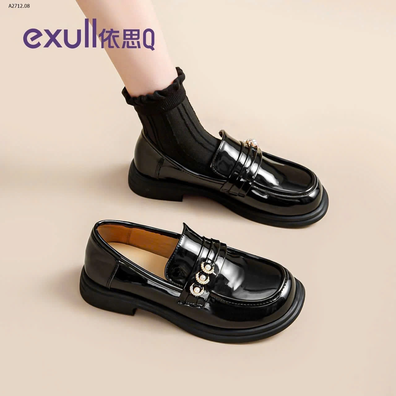 Loafer Exull da bóng mix hạt châu nhân tạo - sỉ 400k