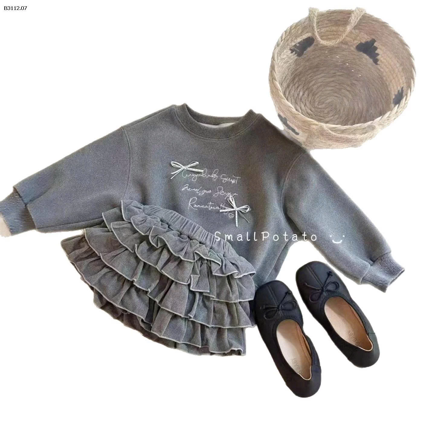 SET ÁO NỈ LÔNG MIX CHÂN VÁY TONE XÁM BG -Giá sỉ 235k