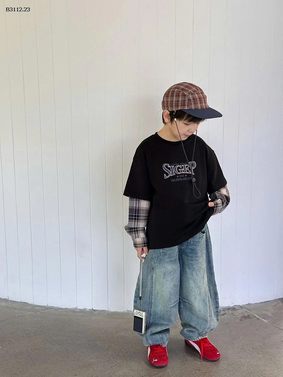 Áo thun tay ngắn kiểu hai mảnh phối họa tiết kẻ caro  Elmo Baby Kids AMBB-Giá sỉ  sz 90-150 : 195k Sz 160 : 210k Sz 170 : 228k