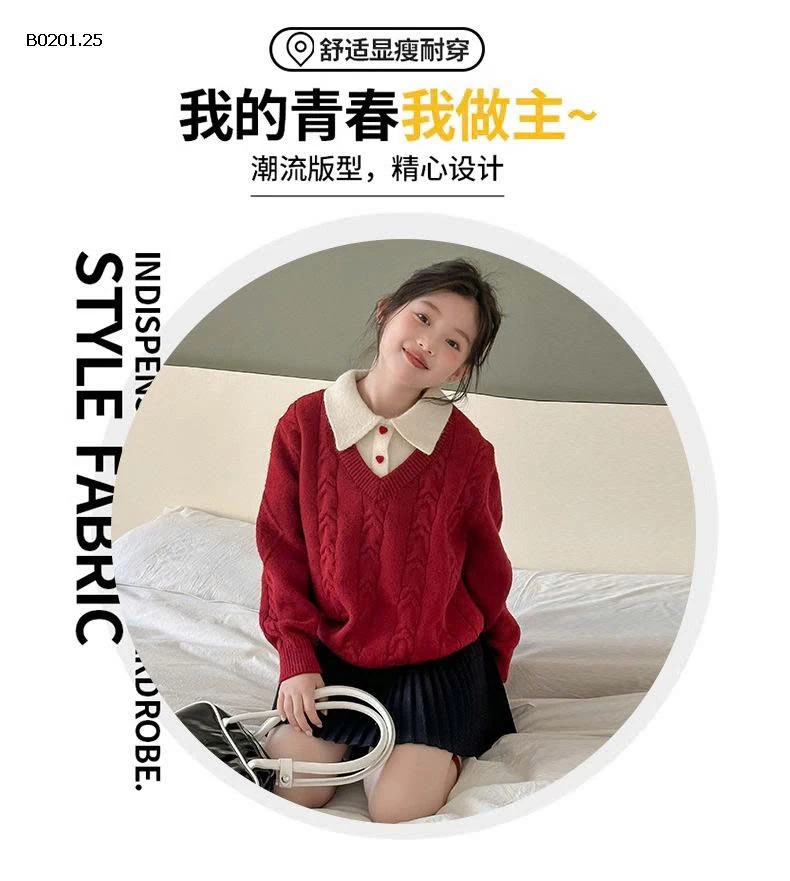 ÁO LEN ĐỎ PHỐI CỔ SƠ MI CHO BG-Giá sỉ 244k