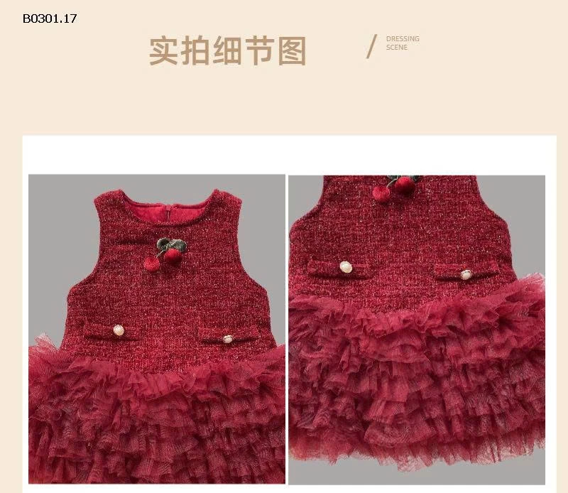 Bộ váy lưới họa tiết quả anh đào ngọt ngào cho bé gái- giá sỉ  340k