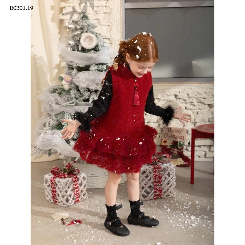 VÁY DẠ ĐỎ SÁT NÁCH PHỐI VOAN HOA TẦNG BG-Giá sỉ 345k