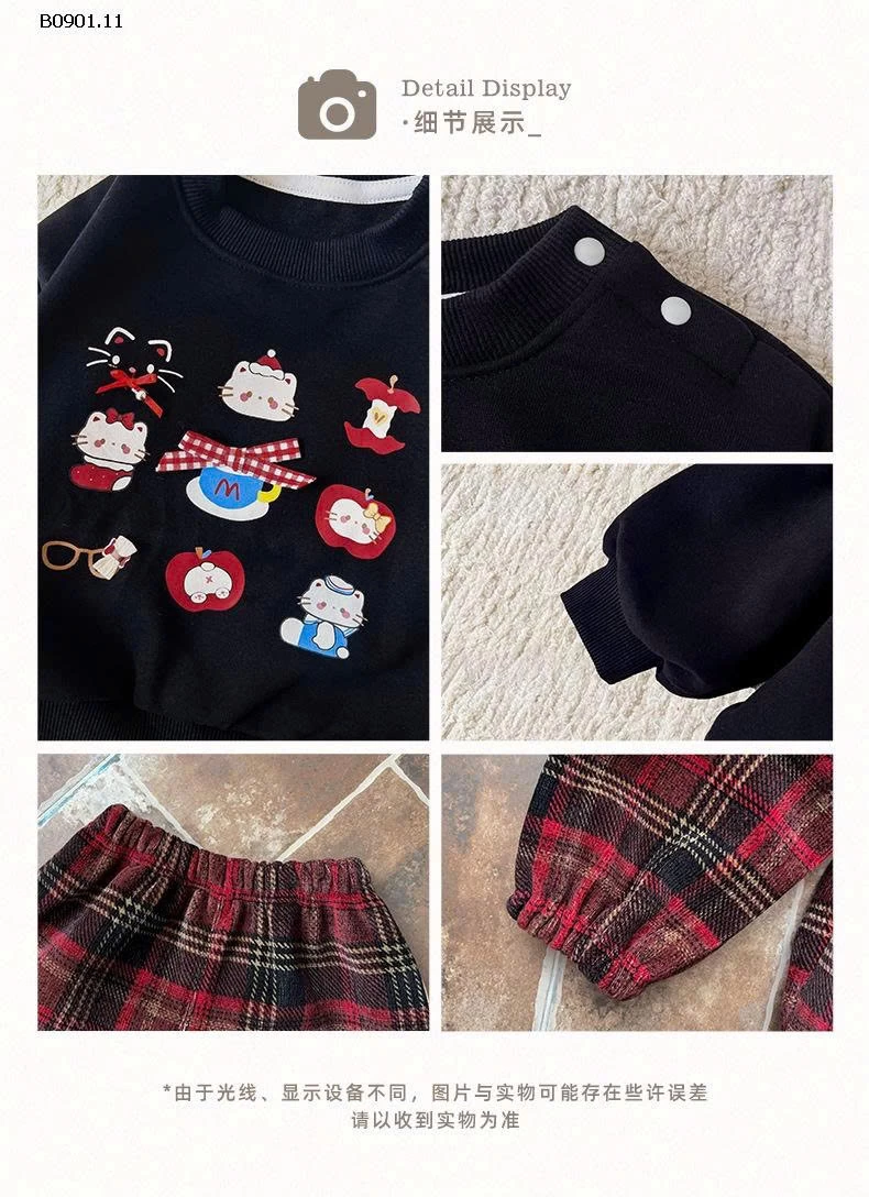 SET ÁO NỈ KITTY MIX QUẦN KẺ CARO BÉ GÁI-sỉ Áo : 208k           Quần : 189k