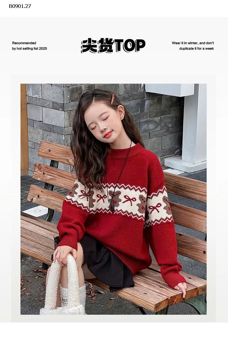 Áo len đỏ dệt kim cho BG kiểu dáng mới Thu/Đông 2025-Giá sỉ  loại thường : 250k lót lông : 290k