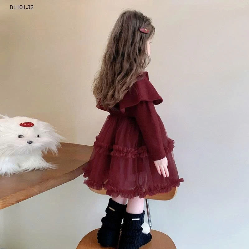 Đầm voan lót lông cừu họa tiết gấu đỏ cho bé gái -Giá sỉ 268k