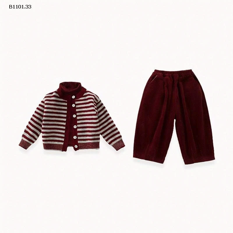 Bộ áo len kẻ sọc ba món cho bé gái, phong cách thu đông-Giá sỉ 399k