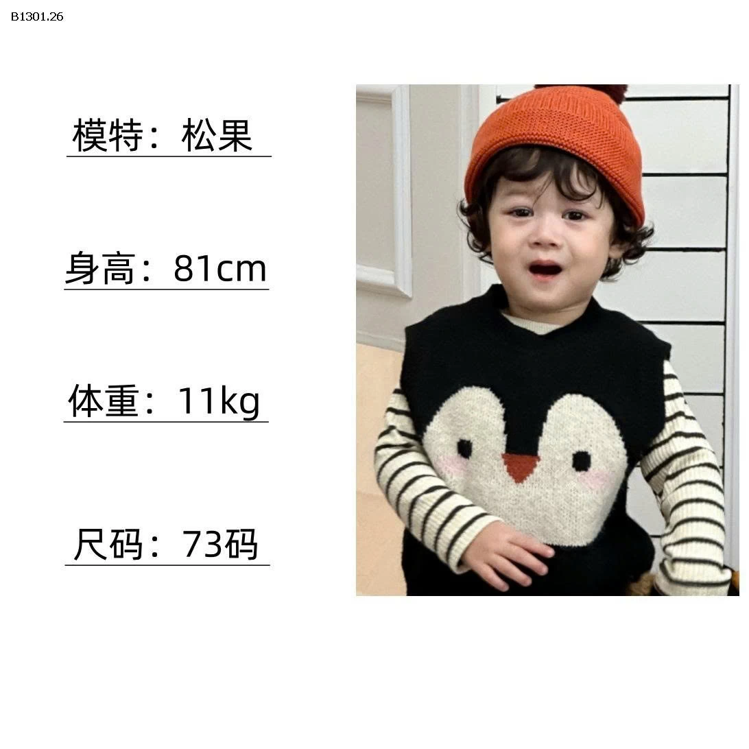Áo len hình chim cánh cụt con, quần áo trẻ em kiểu mới mùa xuân-Giá sỉ như sau  Áo gile dệt kim : 167k Áo kẻ sọc nền : 159k Quần : 172k