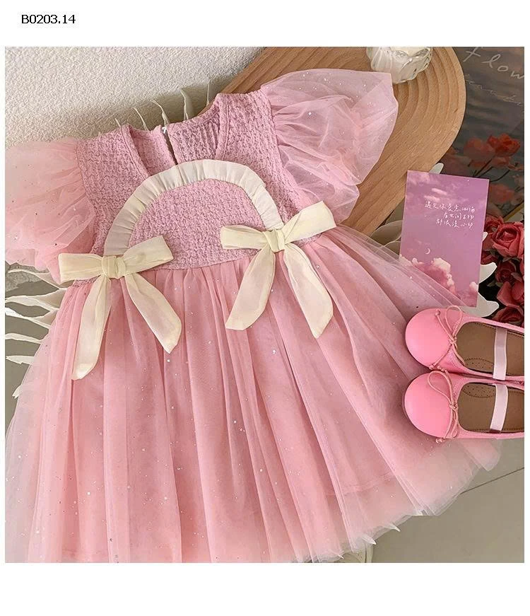 VÁY CÔNG CHÚA TAY BỒNG HỌA TIẾT NƠ- sỉ 214k