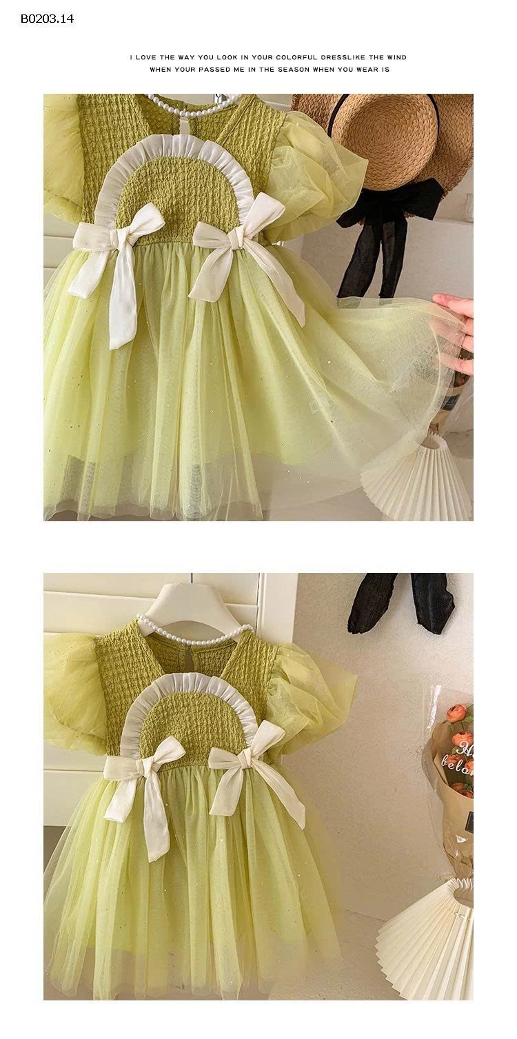 VÁY CÔNG CHÚA TAY BỒNG HỌA TIẾT NƠ- sỉ 214k