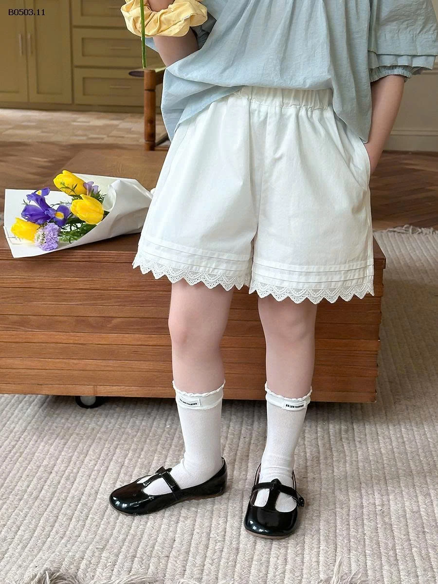 SHORT TRẮNG VIỀN REN AIMOBEIEI  BÉ GÁI-Giá  sỉ 90-150: 95k 160-170: 115k